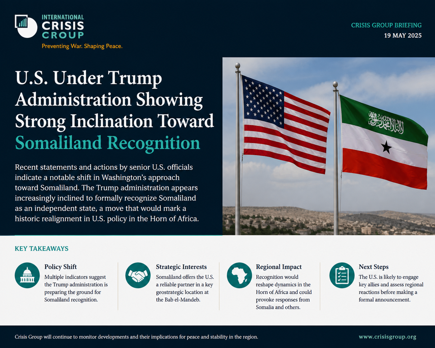 Flags of the United States and Somaliland displayed together, symbolizing the potential recognition of Somaliland as an independent state