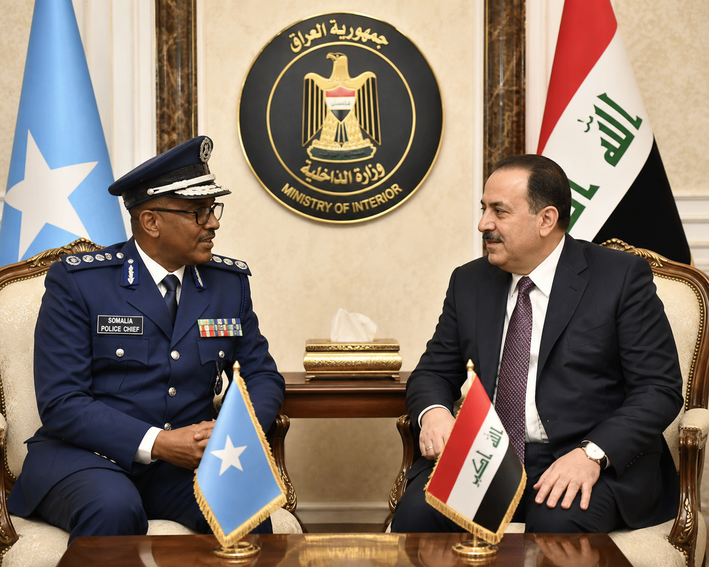 Meeting between the Somali Police Chief and the Iraqi Minister of Interior, featuring flags of Somalia and Iraq
