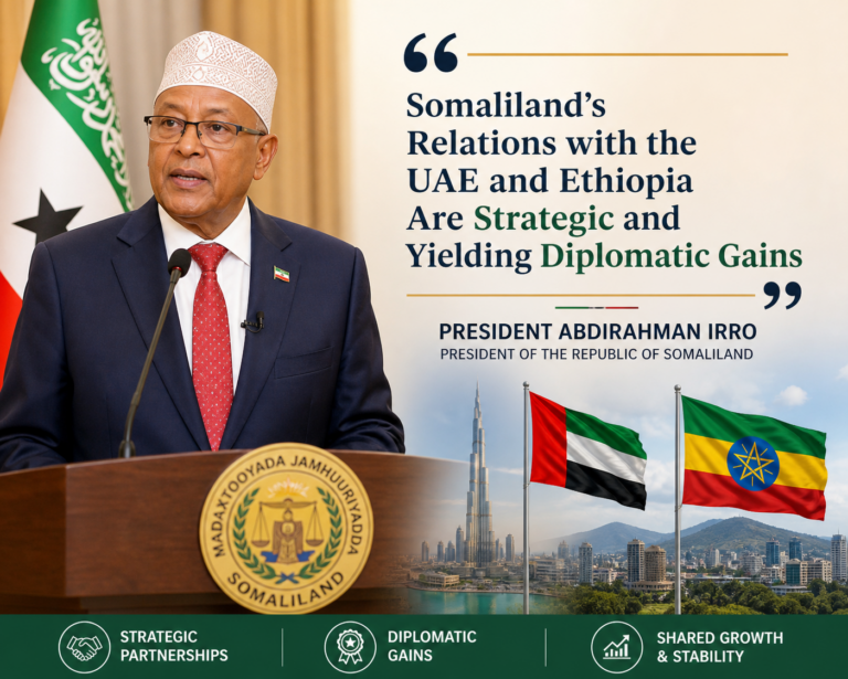 President Abdirahman Irro discusses Somaliland’s strategic relations with the UAE and Ethiopia, highlighting diplomatic gains