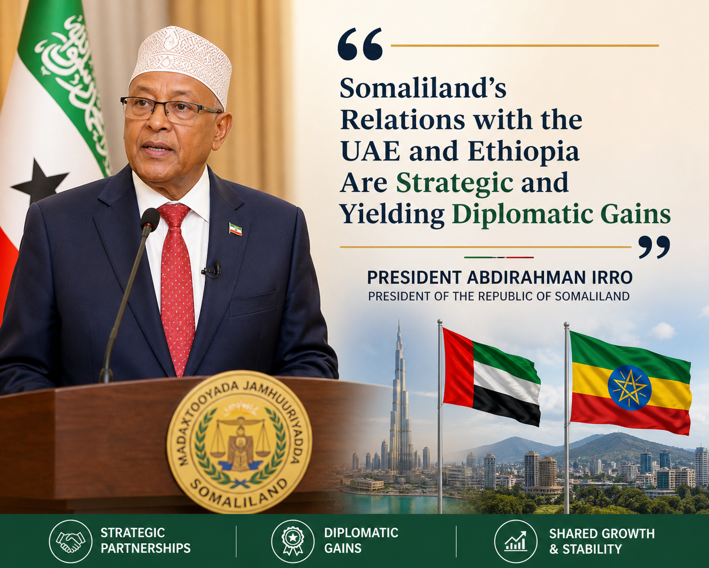 President Abdirahman Irro discusses Somaliland’s strategic relations with the UAE and Ethiopia, highlighting diplomatic gains