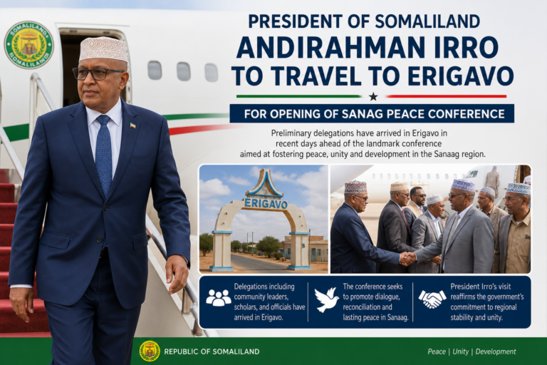 President Andirrahman Irro arrives for the opening of the Sanag Peace Conference in Erigavo, emphasizing peace and unity