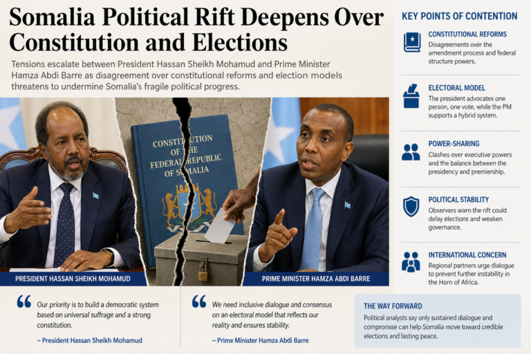 Tensions between President Hassan Sheikh Mohamud and Prime Minister Hamza Abdi Barre escalate over Somalia's constitution and elections, highlighting key issues like electoral models and political stability