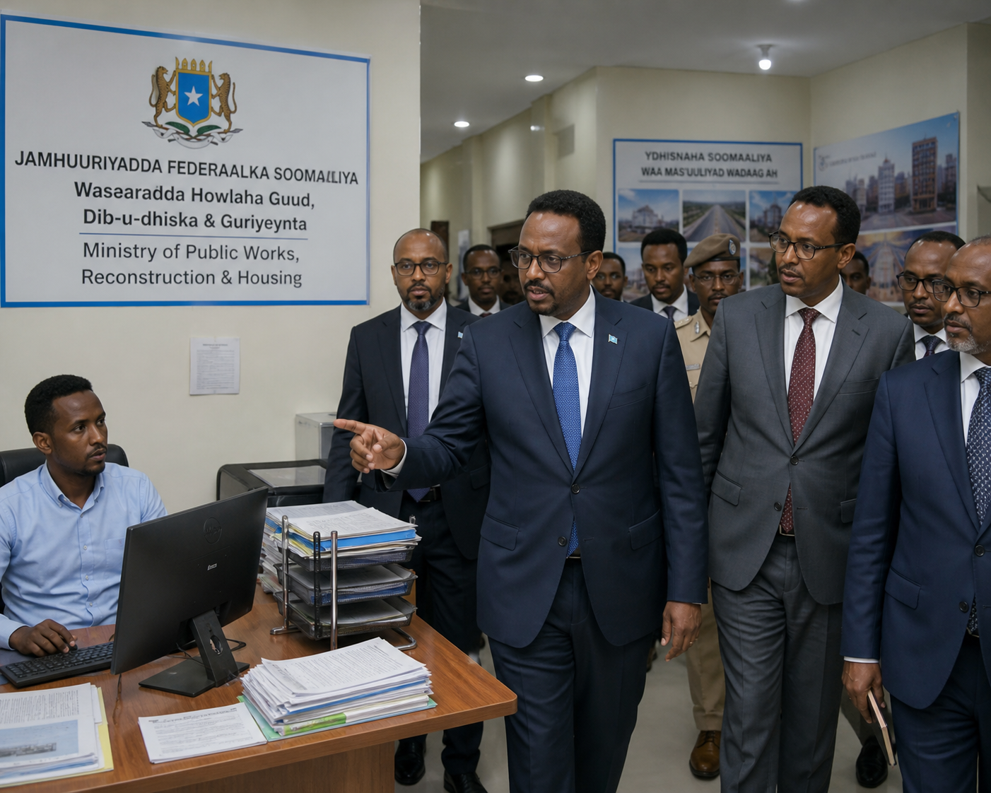 The image shows officials at the Ministry of Public Works in Somalia, discussing matters with a staff member at a desk