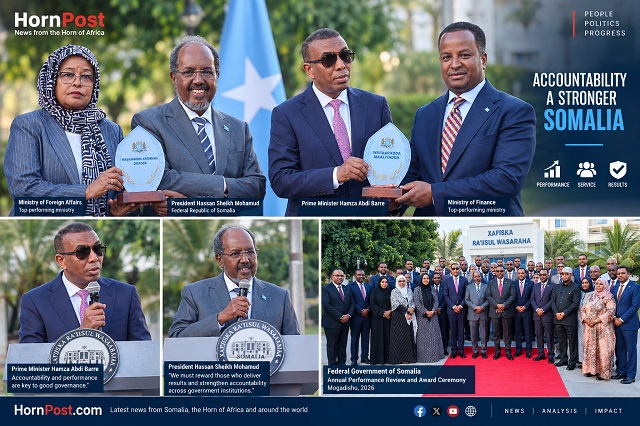 Somali President Hassan Sheikh Mohamud and Prime Minister Hamza Abdi Barre attend a government performance and accountability ceremony in Mogadishu