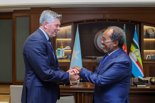 Somalian President Hassan Sheikh Mohamud met U.S. Congressman Darin LaHood in Mogadishu to discuss security cooperation counterterrorism trade investment and strengthening U.S. Somalia relations.
