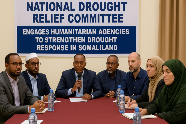 A group of seven individuals at a meeting discussing drought relief efforts in Somaliland, with a banner behind them